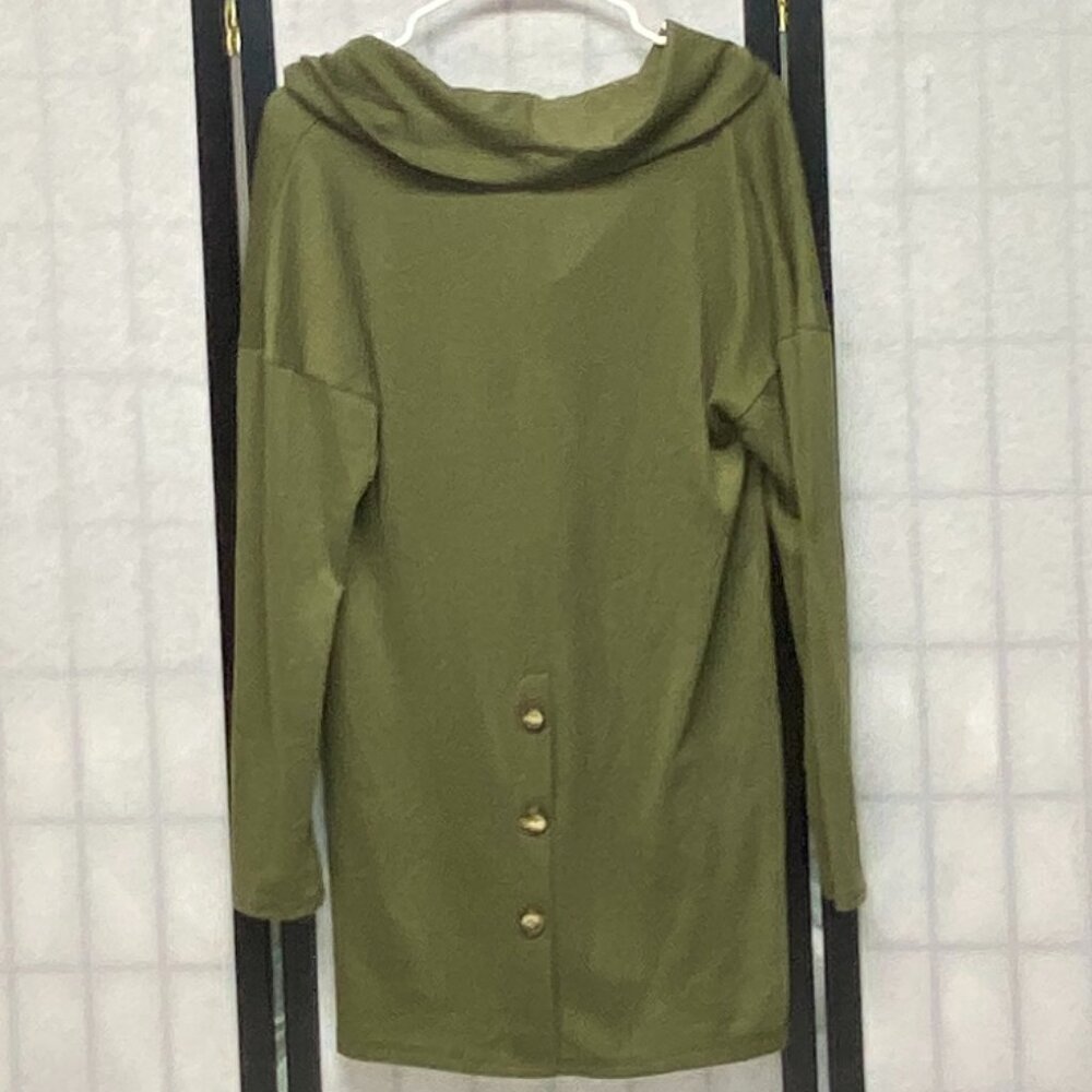 Emerald Olive Green Knit Cowl Neck Tunic Long Sleeve Button Back Patch Pockets M - Picture 2 of 12